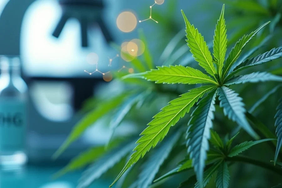 Folhas de cannabis com moléculas de THC representadas em modelo químico em fundo clínico