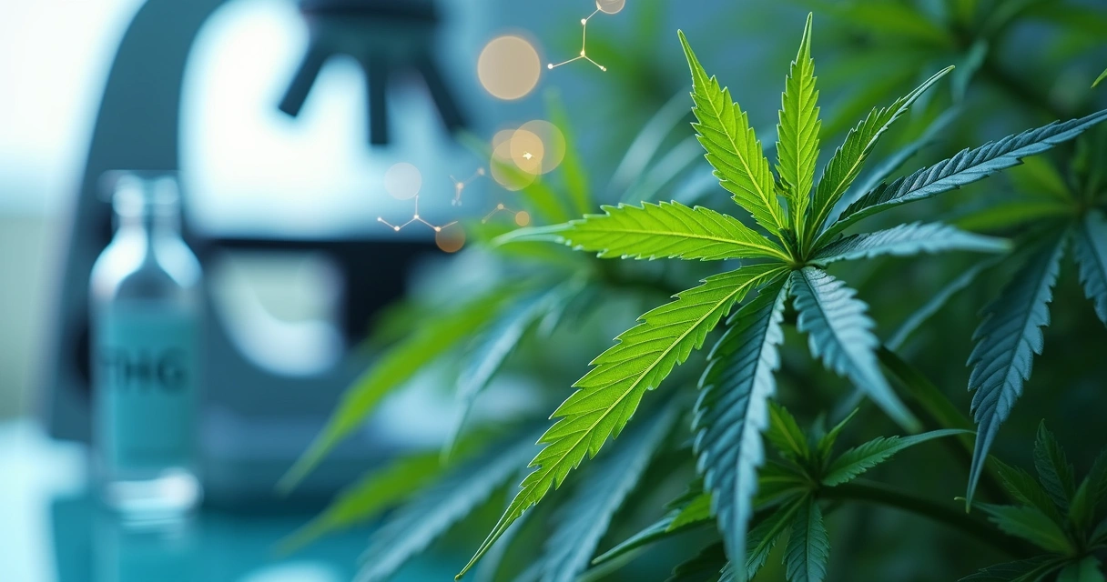 Folhas de cannabis com moléculas de THC representadas em modelo químico em fundo clínico