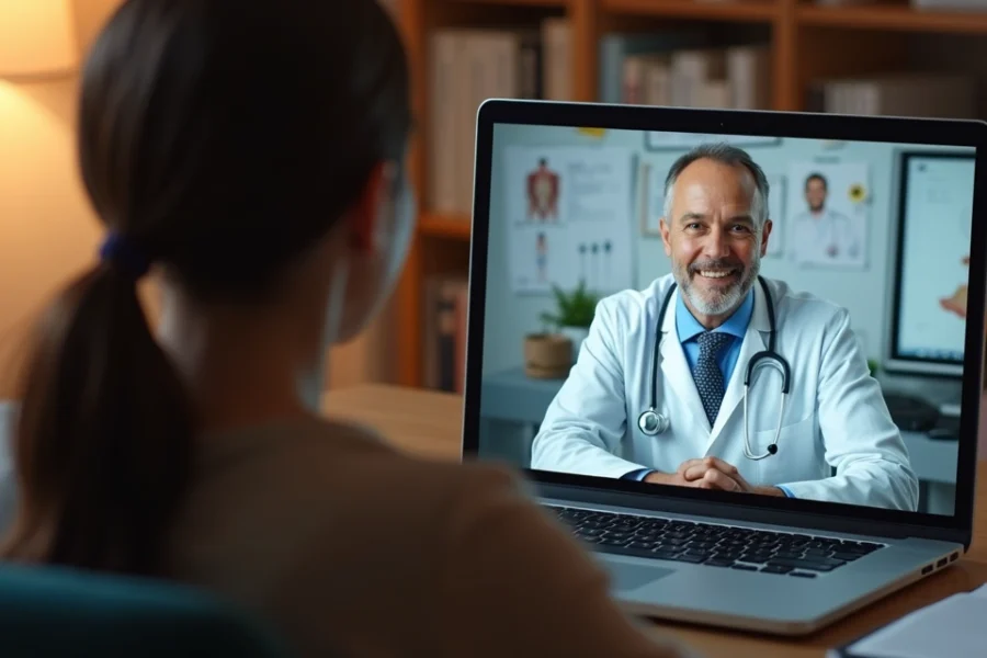 Paciente em consulta online com médico especialista em canabidiol, tela de vídeo chamada mostrando médico prescritor em ambiente clínico moderno e acolhedor