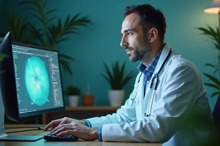 Médico especialista em consulta online explicando tratamento com cannabis medicinal para paciente no computador
