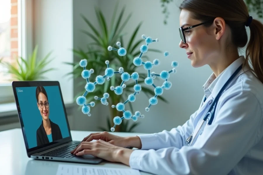 Médico realizando consulta online sobre uso de canabidiol, com representação digital de moléculas de CBD ao fundo