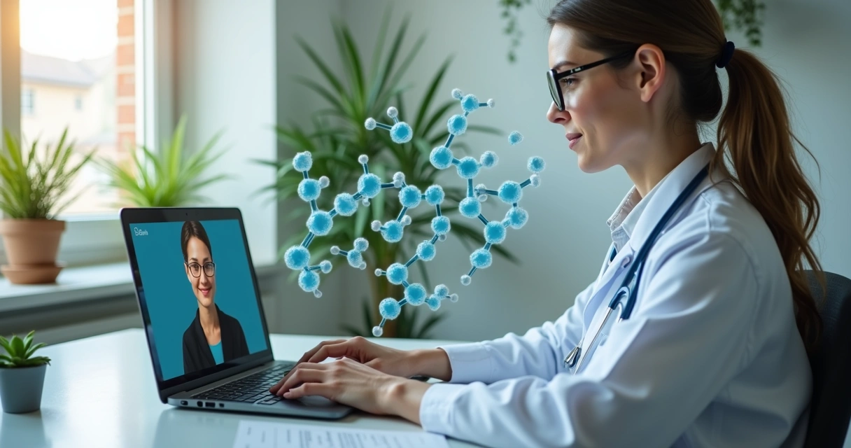 Médico realizando consulta online sobre uso de canabidiol, com representação digital de moléculas de CBD ao fundo