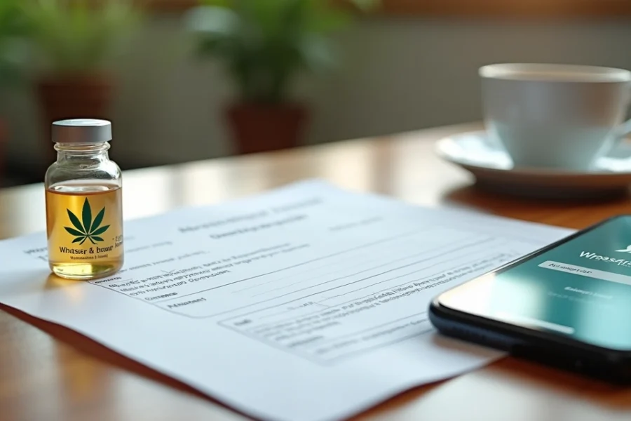 Mesa com documentos médicos, receita e canabidiol em frasco ao lado de um celular com conversa de WhatsApp aberta para agendamento