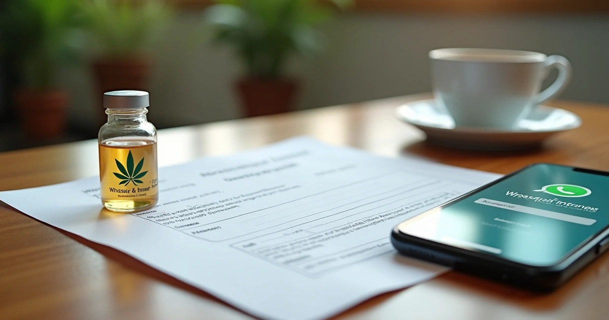 Mesa com documentos médicos, receita e canabidiol em frasco ao lado de um celular com conversa de WhatsApp aberta para agendamento