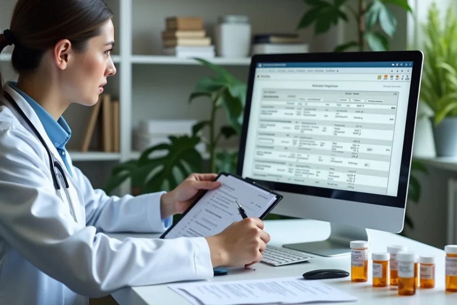 Médico segurando caneta, revisando prescrições e monitorando medicamentos no computador durante consulta
