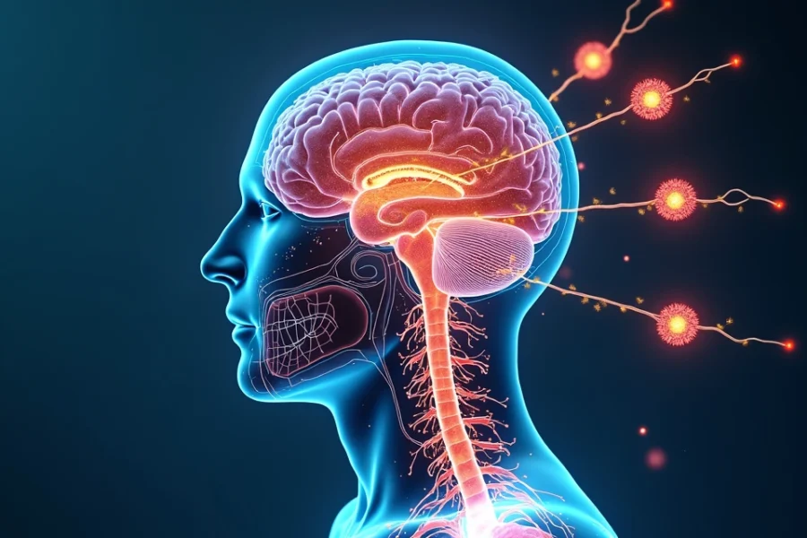 Ilustração ultra detalhada do sistema endocanabinoide humano com destaque para receptores CB1 e CB2, moléculas de endocanabinoides e fitocanabinoides como CBD e THC, em um fundo anatômico translúcido