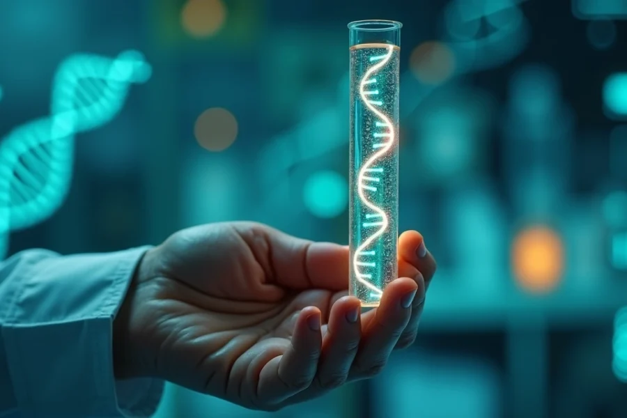 Mão segurando tubo de ensaio com DNA e gráficos genéticos ao fundo