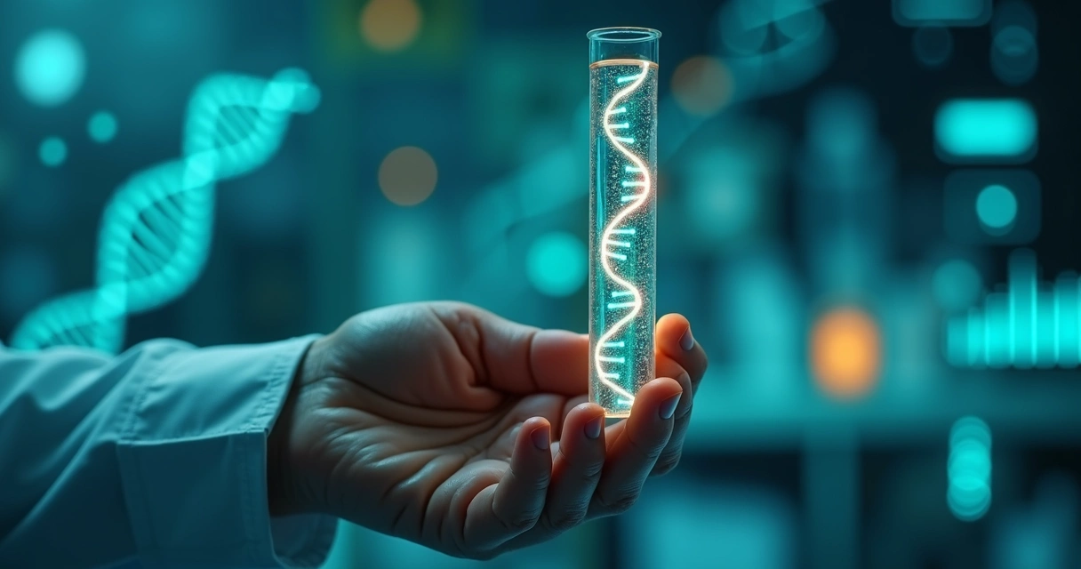 Mão segurando tubo de ensaio com DNA e gráficos genéticos ao fundo