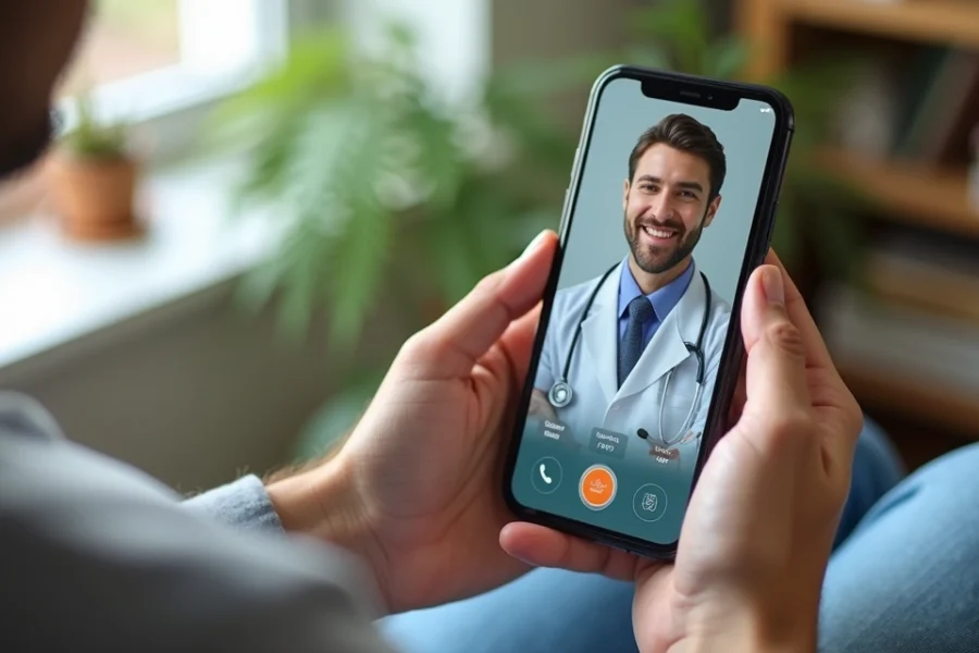 Paciente usando aplicativo em smartphone para consulta médica sobre cannabis medicinal