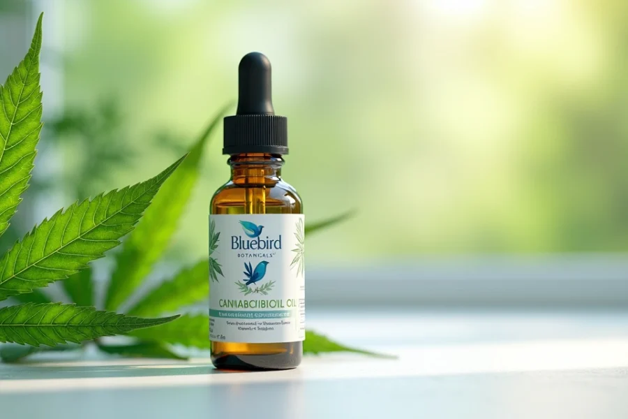 Frasco de óleo de canabidiol da Bluebird Botanicals sobre fundo branco com folhas de cânhamo ao lado