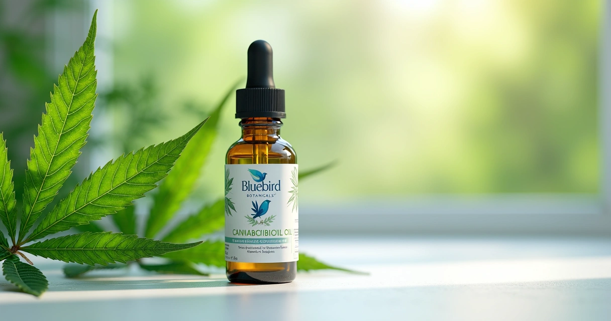 Frasco de óleo de canabidiol da Bluebird Botanicals sobre fundo branco com folhas de cânhamo ao lado