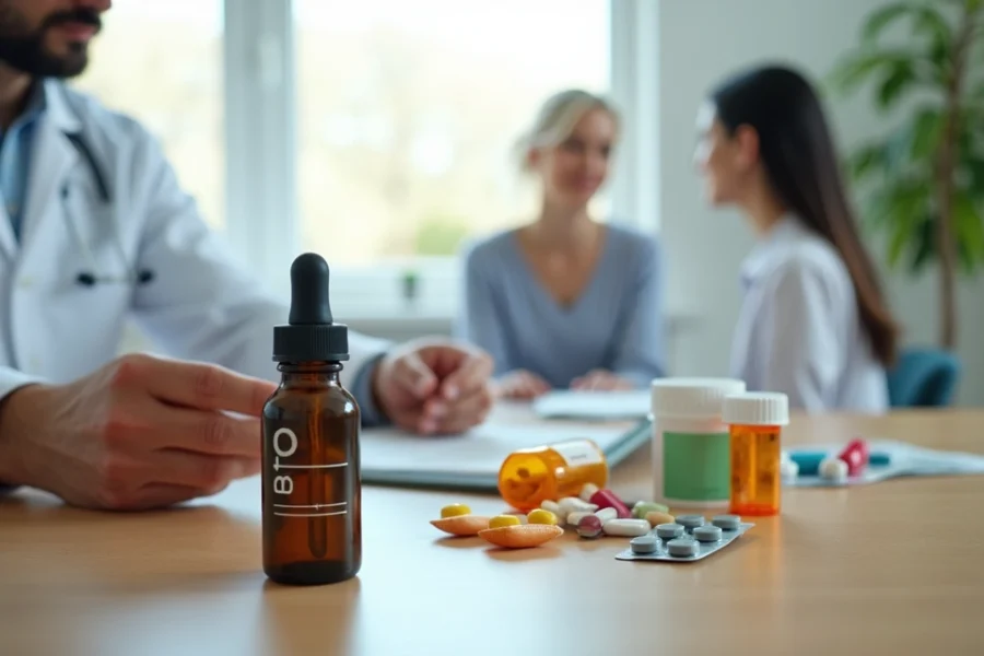 Médico mostrando frasco de óleo de CBD ao lado de caixas de remédios em mesa de consultório